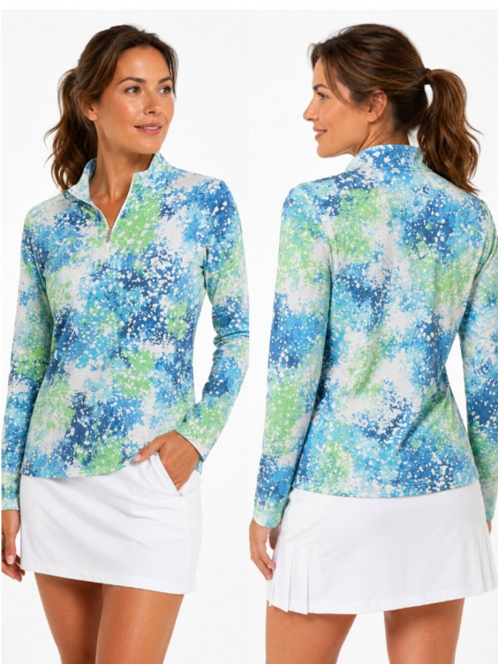 IBKUL Coastal Splash UPF Quarter Zip Golf Active Top Blue Green XL